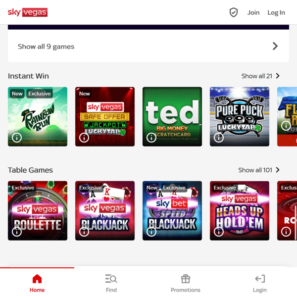 Sky Vegas Instant Win and Table Games